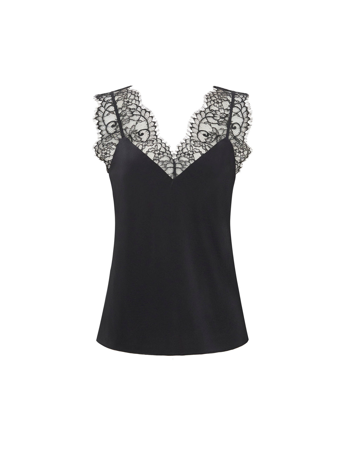 Back view of a woman wearing a black satin camisole with scalloped lace straps