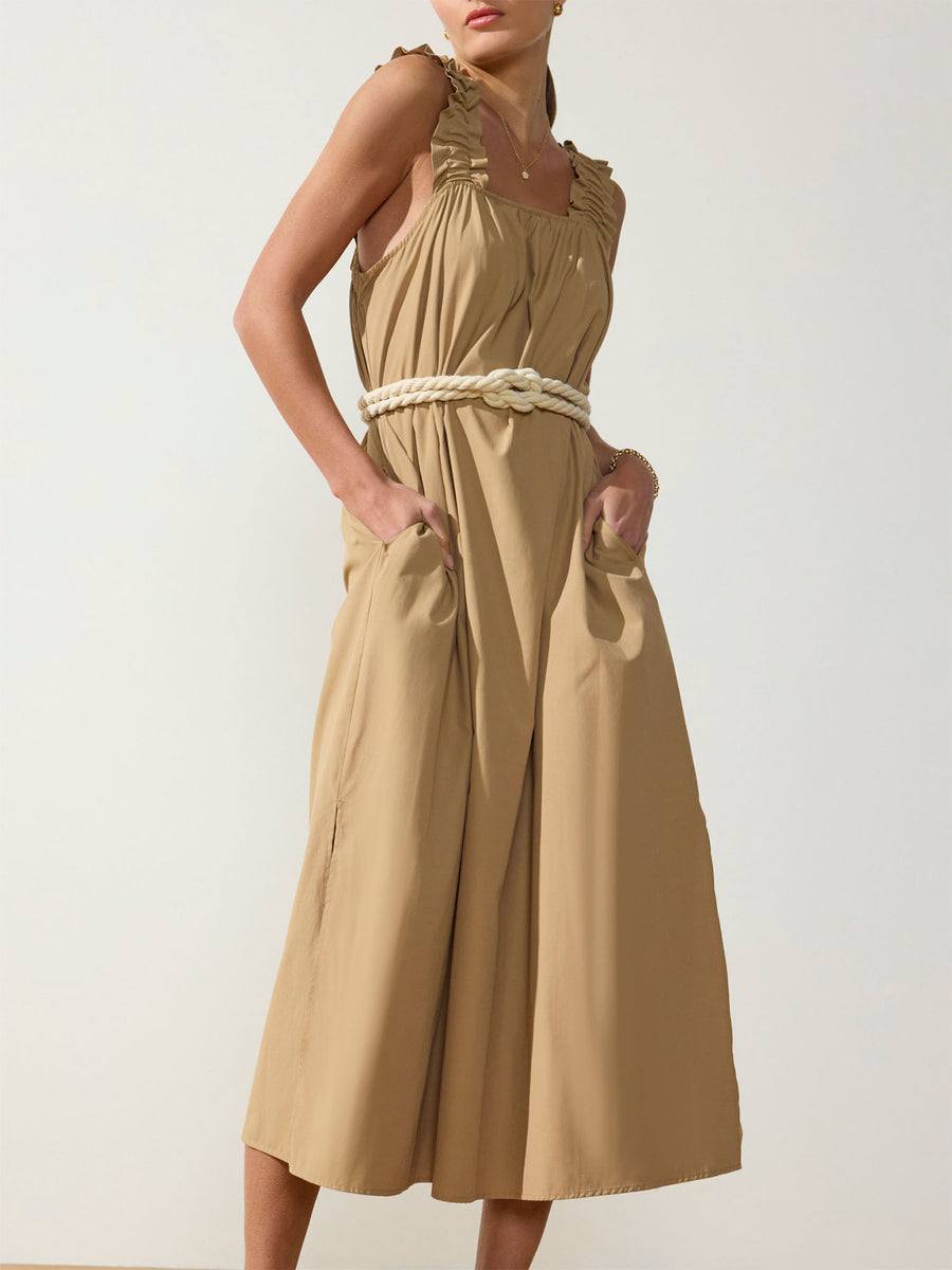 Serena belted tan midi dress front view