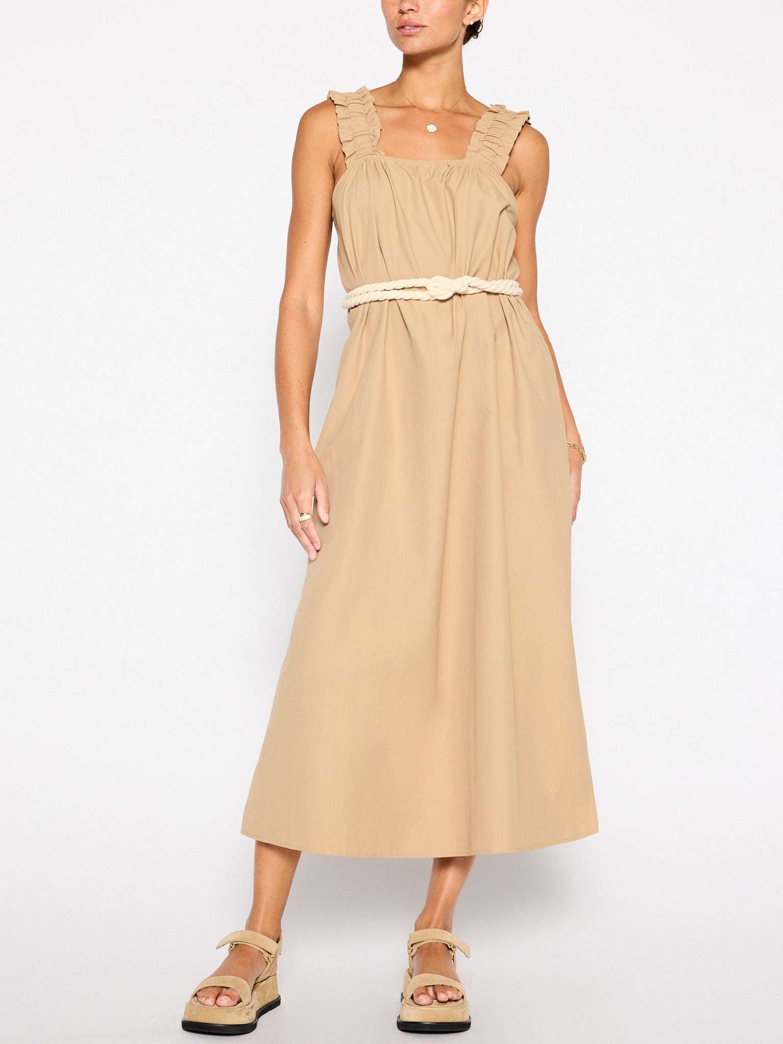 Serena belted tan midi dress front view 4