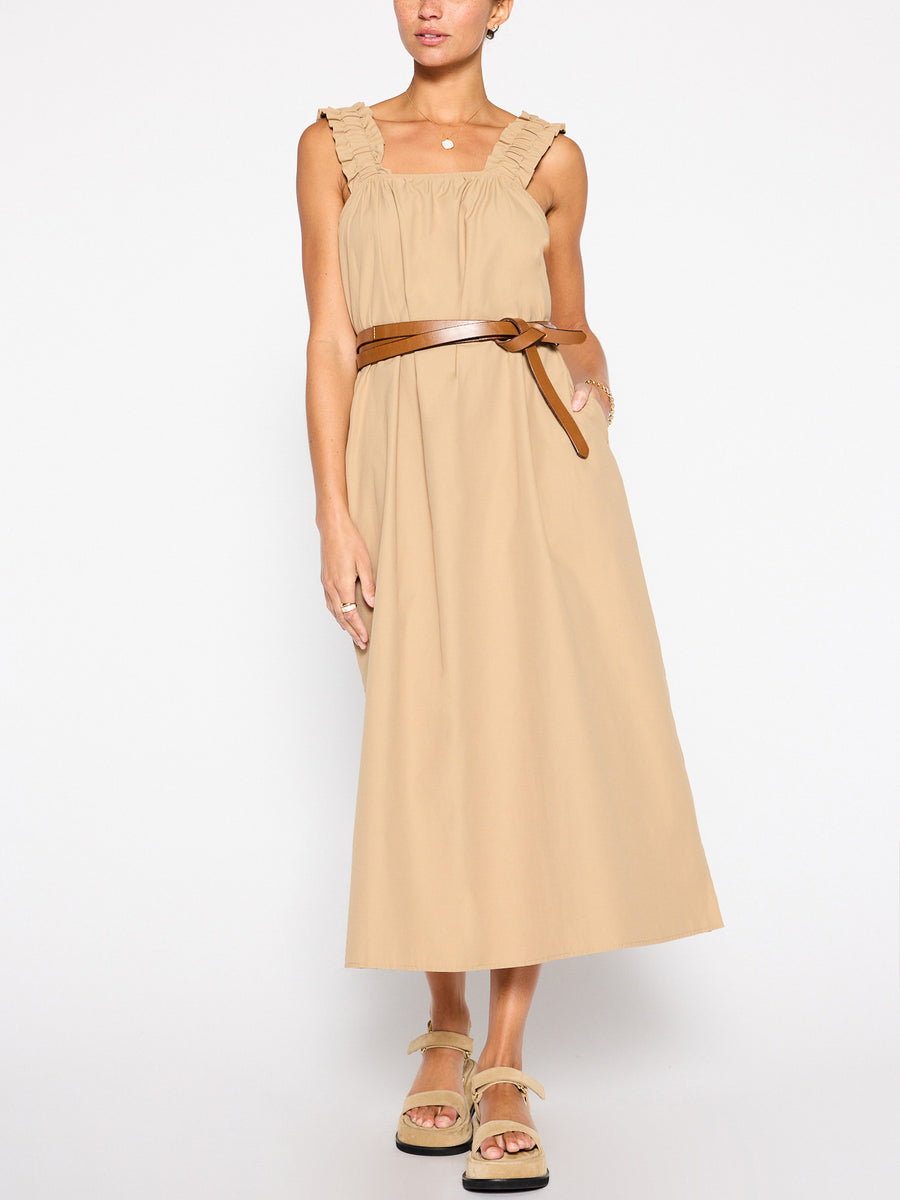 Serena belted tan midi dress front view 5