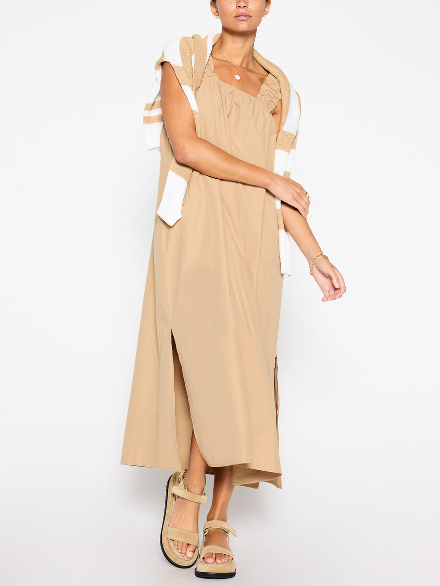 Serena belted tan midi dress front view 3