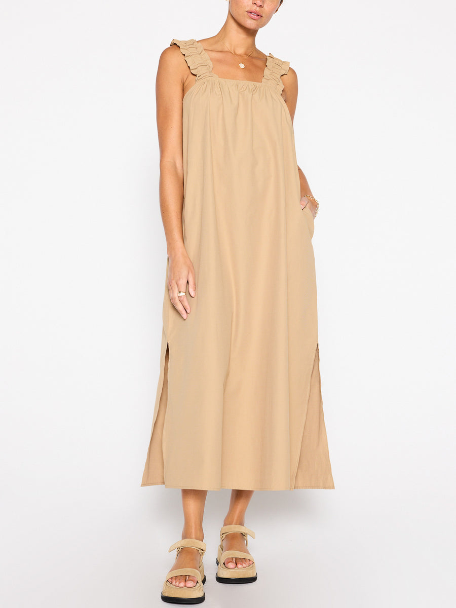 Serena belted tan midi dress front view 2