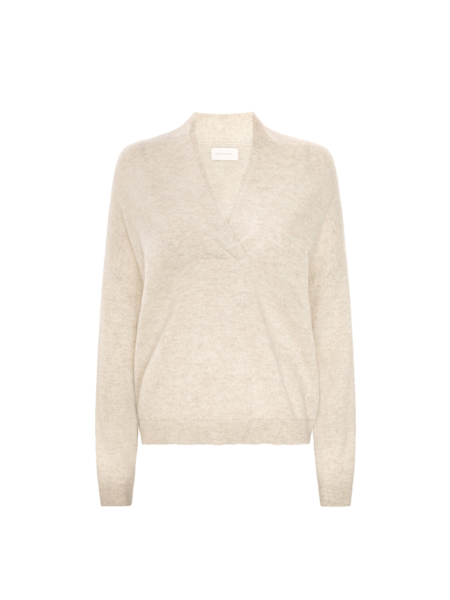 Sienna wrap-neck cashmere pullover in stone melange, shown flat against a white background.