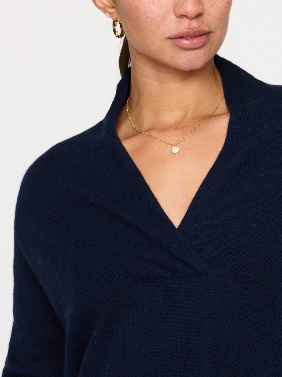The Siena Wrap Neck Cashmere Pullover - Baltic Navy | Brochu Walker