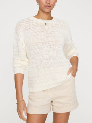 Relaxed fit womens knit pullover in soft neutral knit with straight hem and casual style