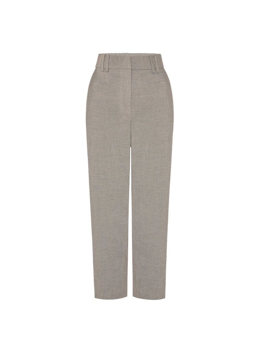 Chic women's pants in light grey tailoring with belt loops, side pockets, and a clean, cropped silhouette.