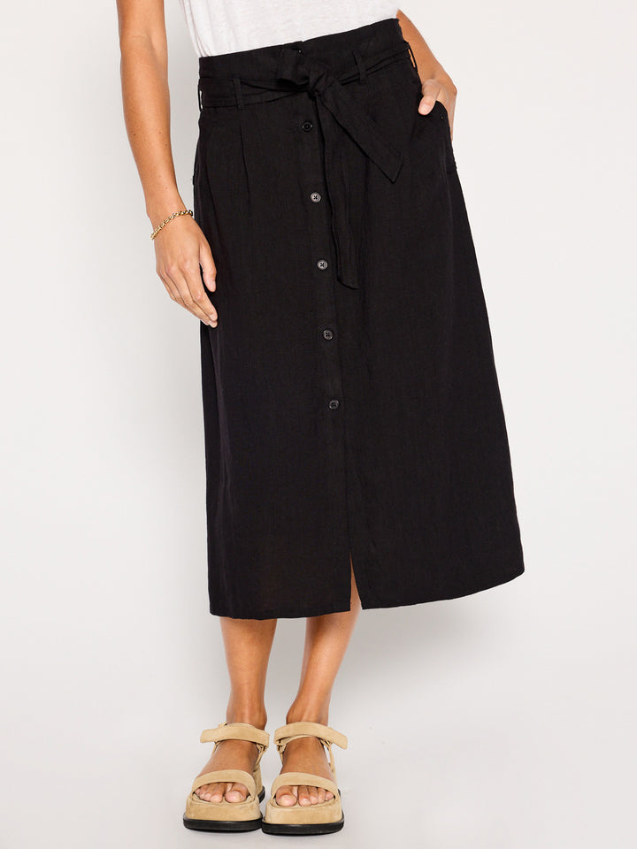 Teagan black belted button front midi skirt front view