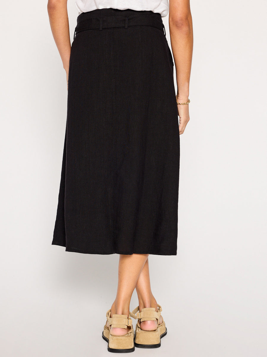 Teagan black belted button front midi skirt back view