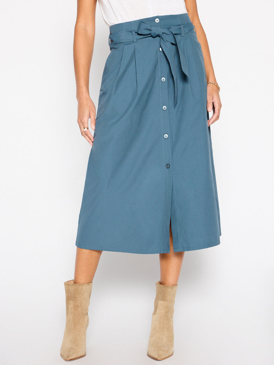 Teagan blue gray belted button front midi skirt front view