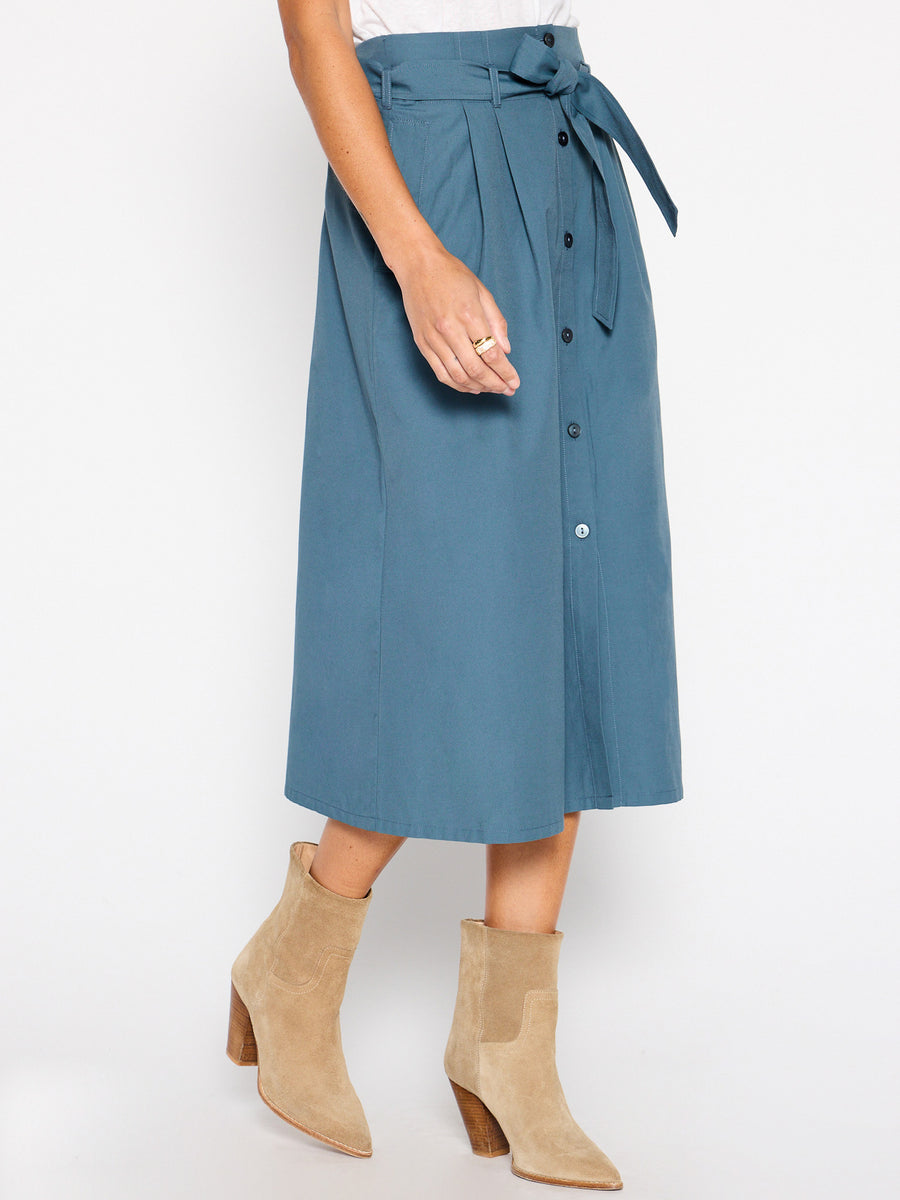Teagan blue gray belted button front midi skirt side view