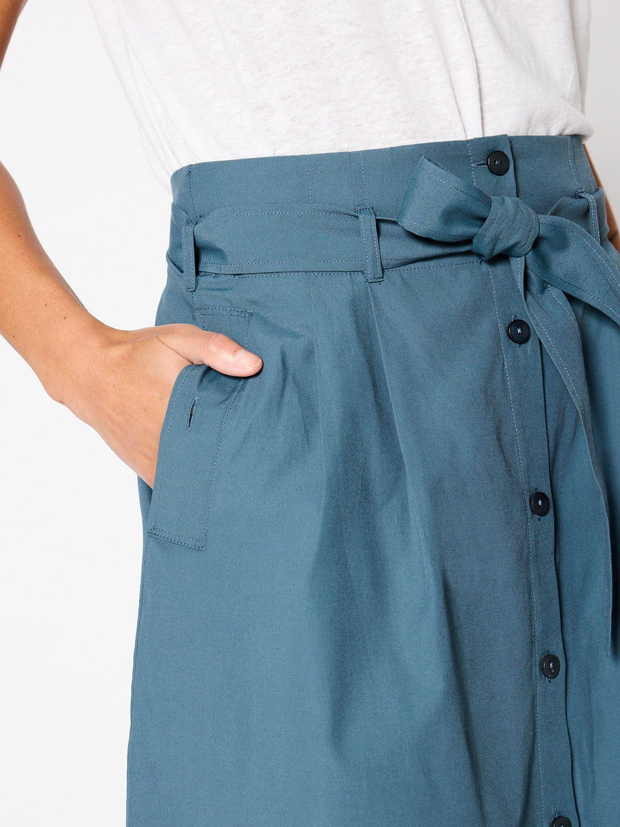 Teagan blue gray belted button front midi skirt close up