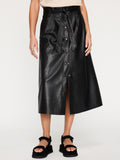 Teagan vegan leather black belted button front midi skirt front view