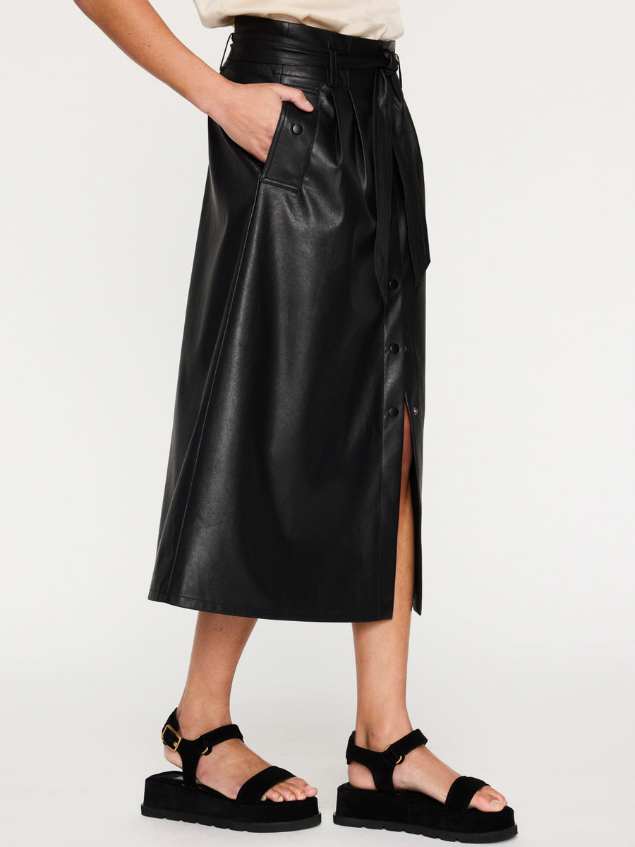 Teagan vegan leather black belted button front midi skirt side view