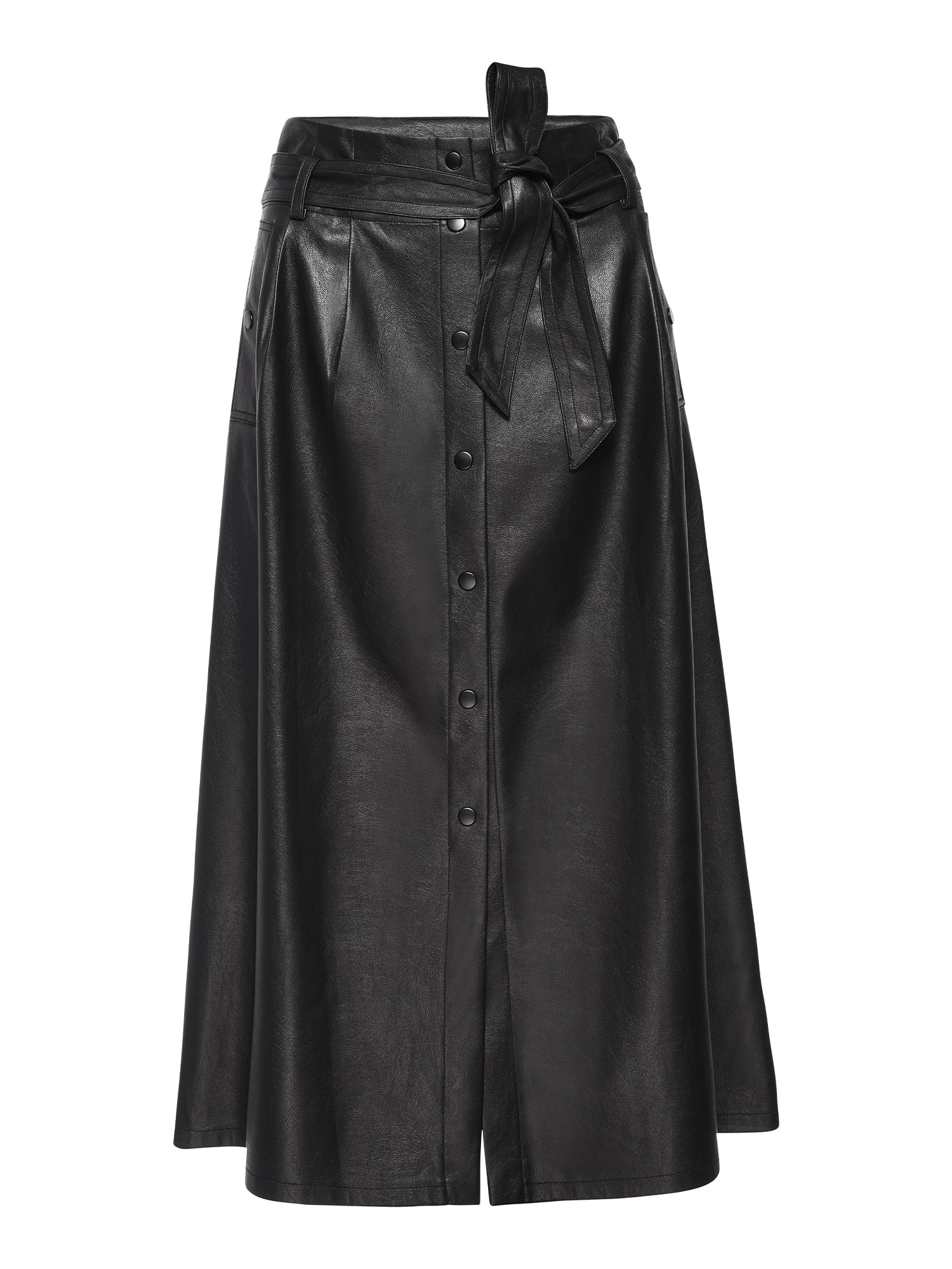 Teagan vegan leather black belted button front midi skirt flat view