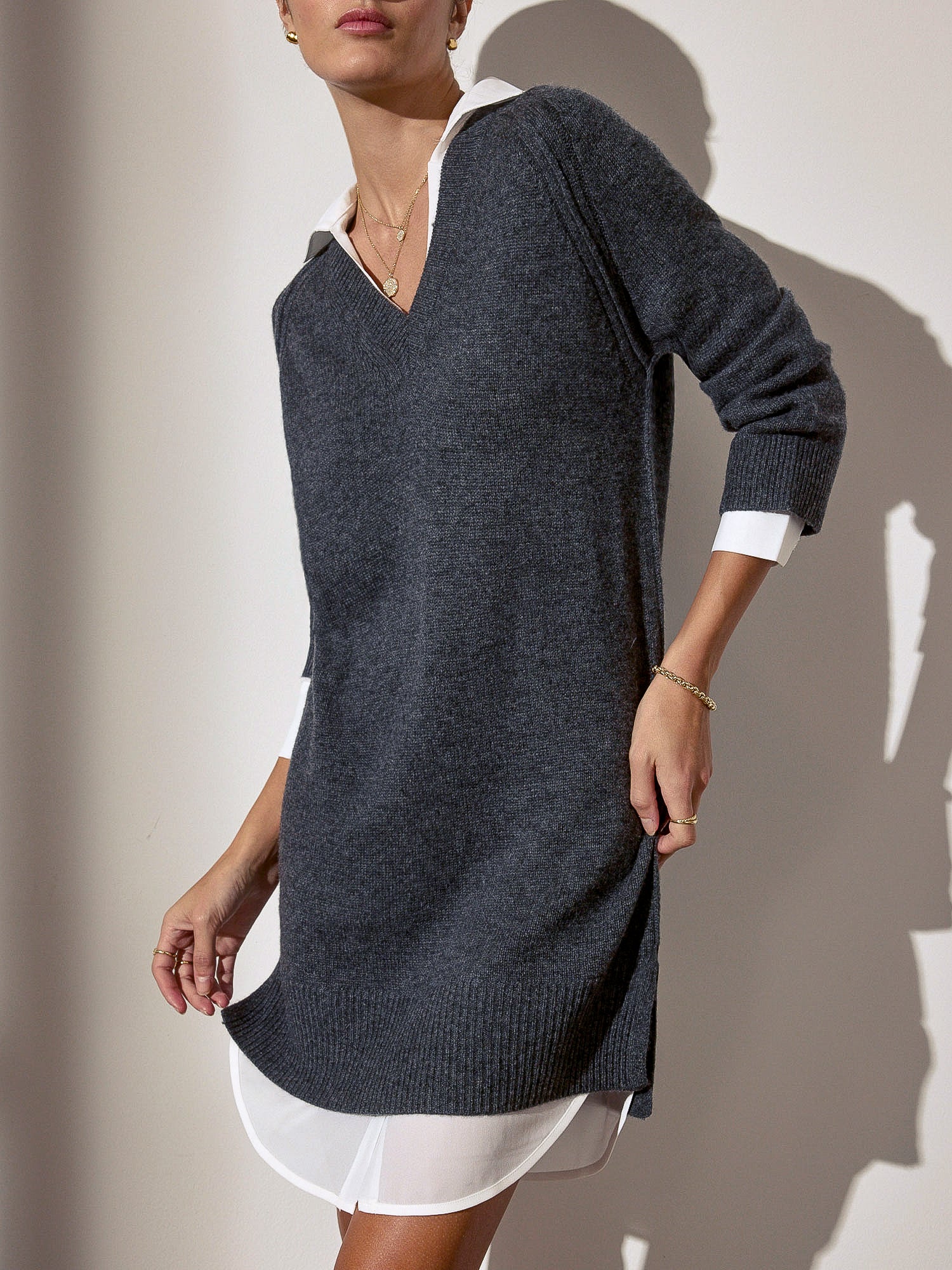 Looker layered v-neck grey and black mini sweater dress front view 2
