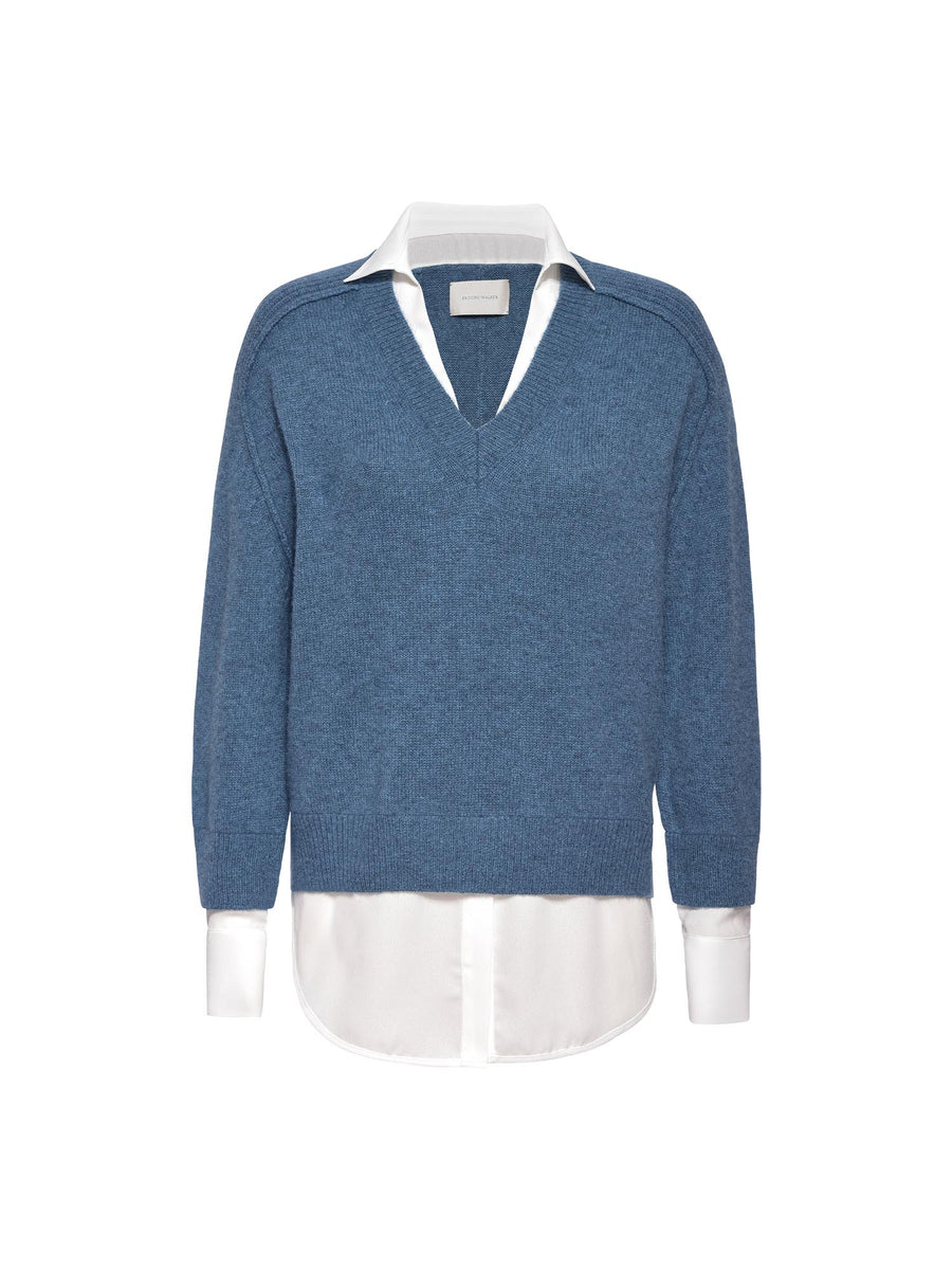 Looker ocean blue layered v-neck sweater flat view