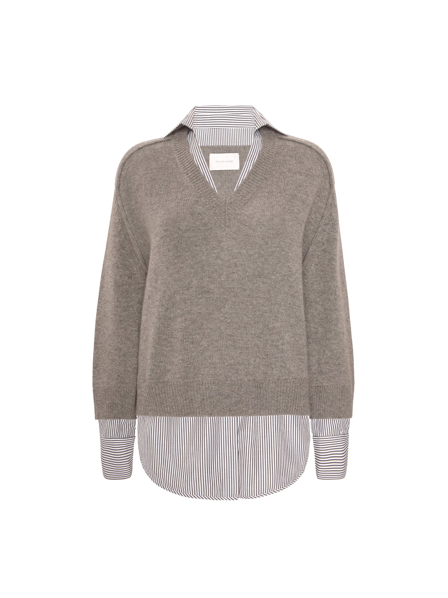 V-neck pullover in otter melange with flint stripe, layered over a striped button-down shirt, shown on a white background.
