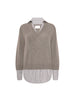 V-neck pullover in otter melange with flint stripe, layered over a striped button-down shirt, shown on a white background.