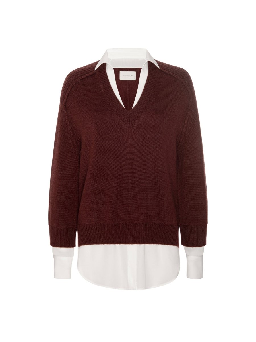 Women's V-Neck Layered Pullover in Cordovan with White