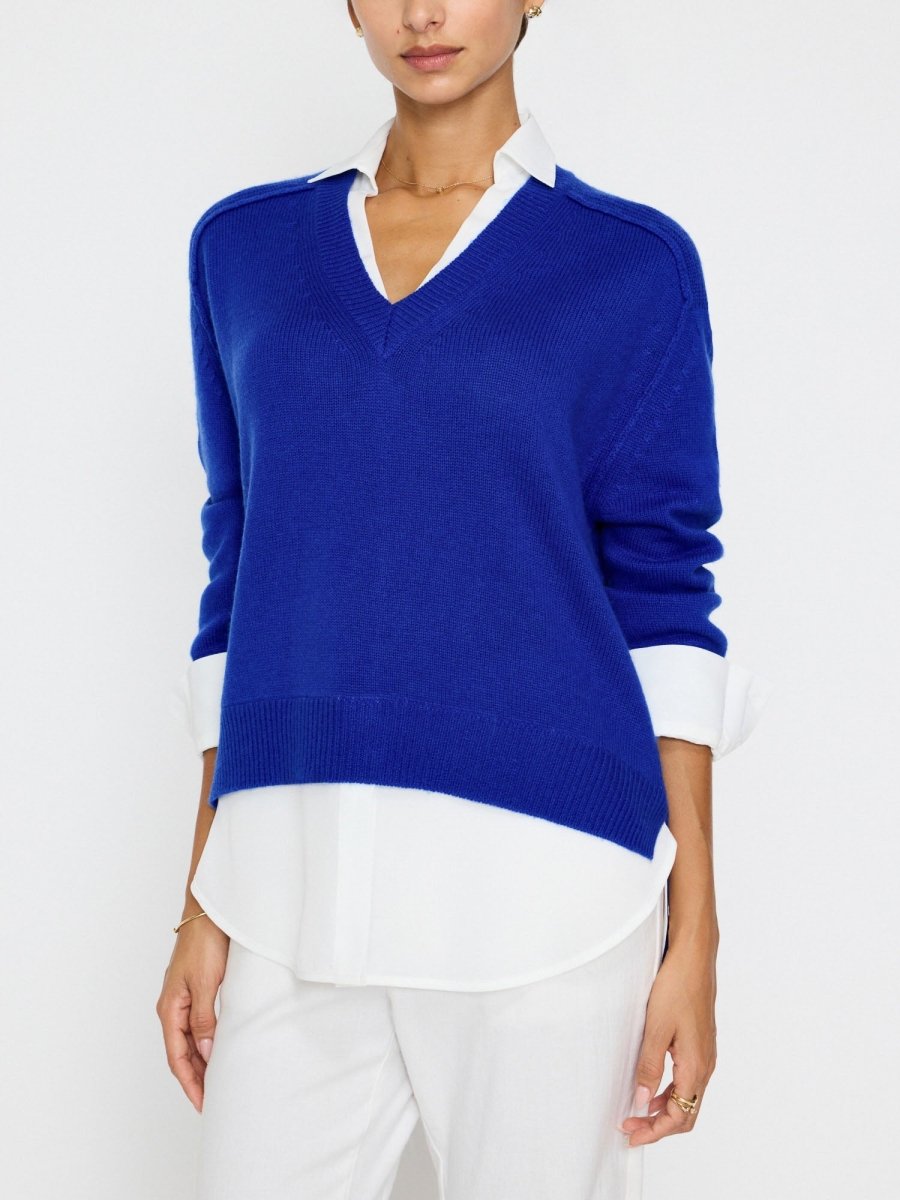Women's V-Neck Layered Pullover in Lapis Blue with White | Brochu