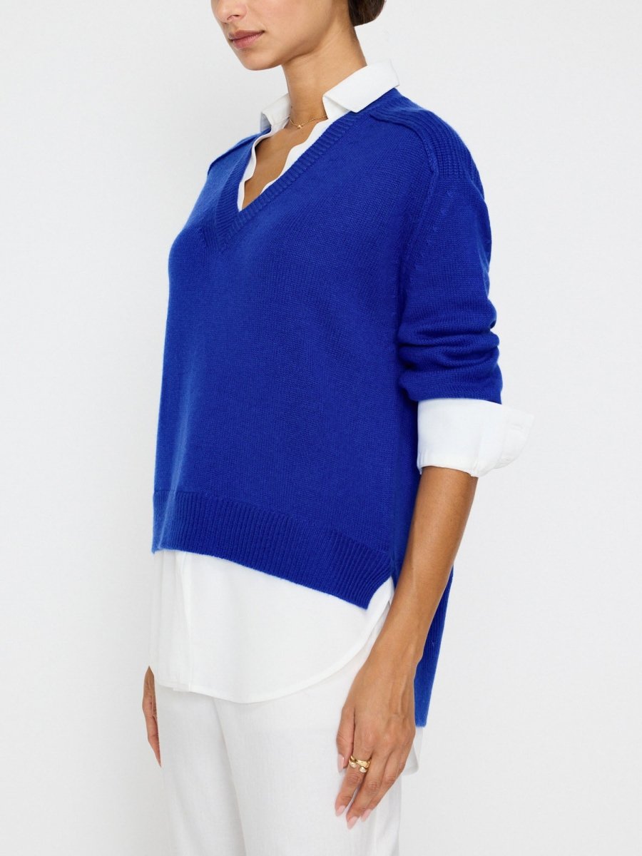Women's V-Neck Layered Pullover in Lapis Blue with White | Brochu