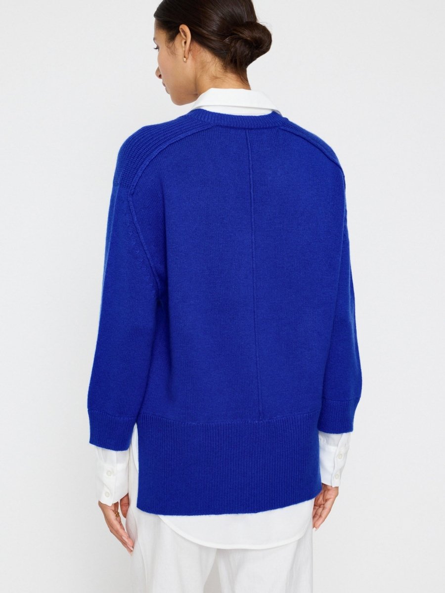 Women's V-Neck Layered Pullover in Lapis Blue with White | Brochu