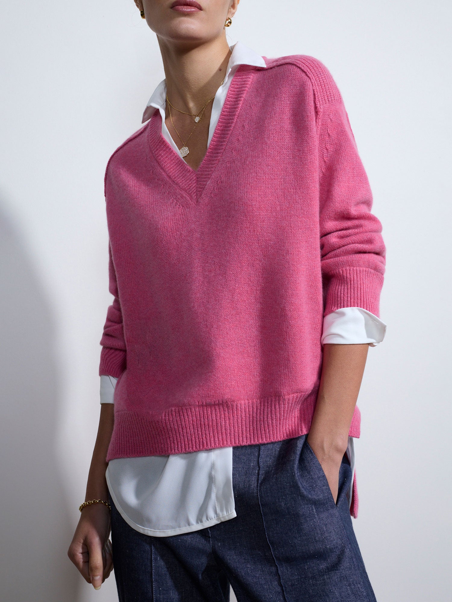 Looker hot pink layered v-neck sweater front view
