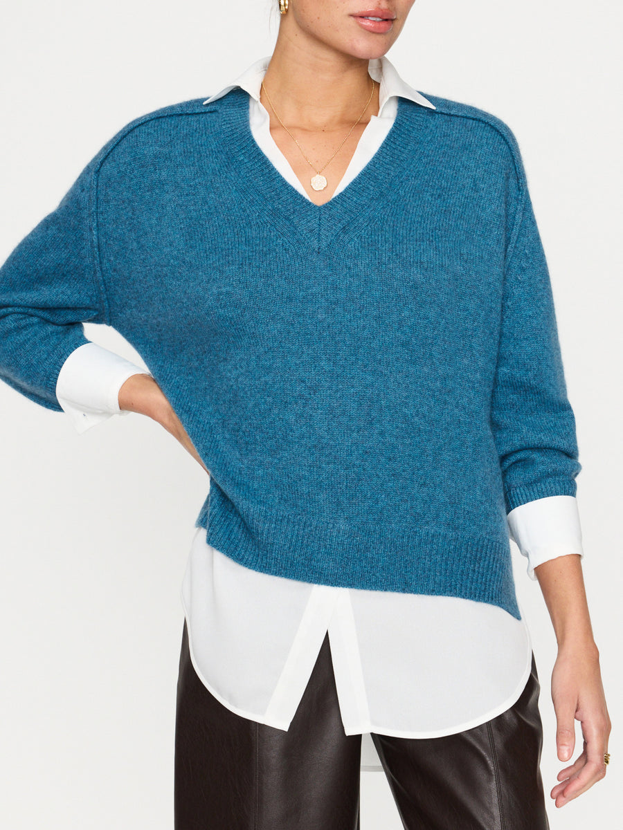 Looker ocean blue layered v-neck sweater front view 2