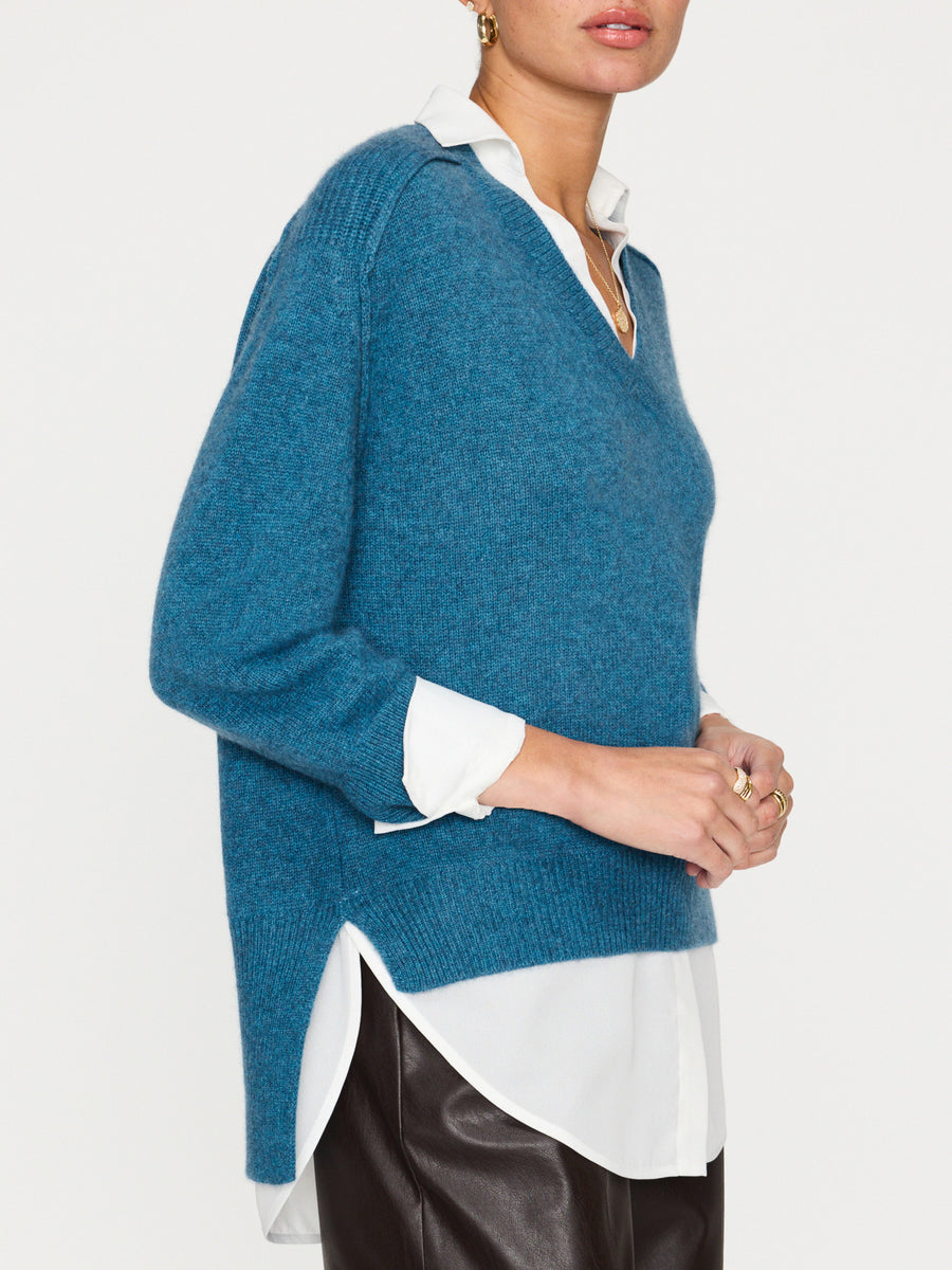 Looker ocean blue layered v-neck sweater side view