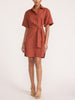 Collared shirtdress in tuscany rust, front view with waist tie and beige heeled sandals