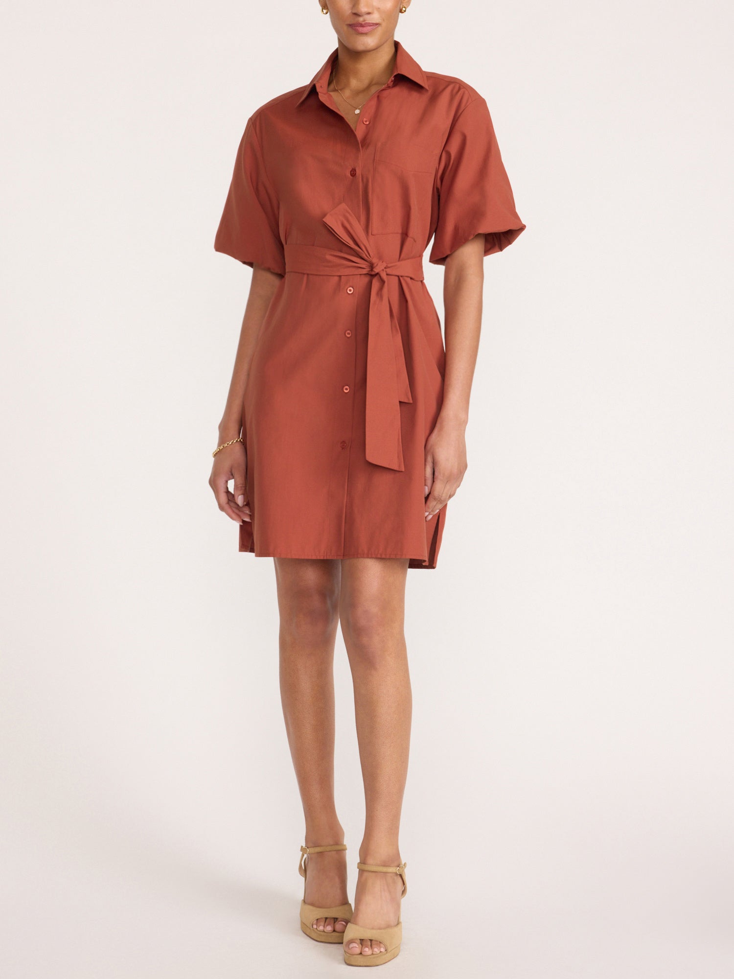Collared shirtdress in tuscany rust, front view with waist tie and beige heeled sandals