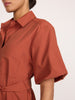 Close-up of the Villa dress in Tuscany, a collared shirt dress with a matching waist tie belt.