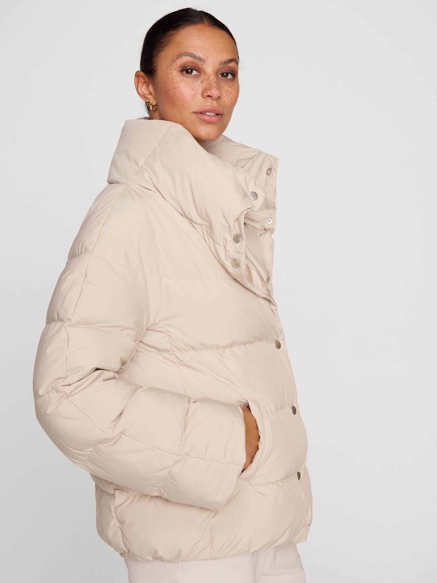 Vail nylon down beige puffer jacket side view 2