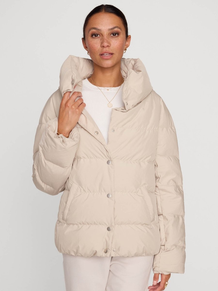 Vail nylon down beige puffer jacket front view