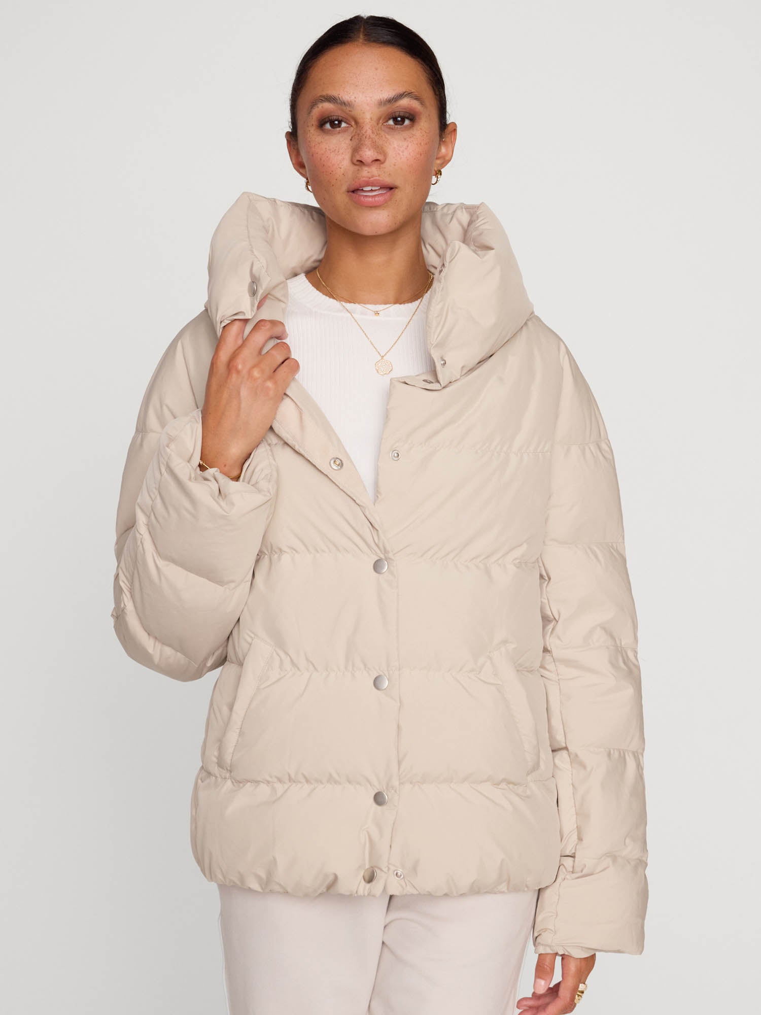 Vail nylon down beige puffer jacket front view 2