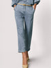 Classy pants in light-wash denim with a straight leg, cuffed hem, and tan belt paired with a chambray shirt and nude heels.
