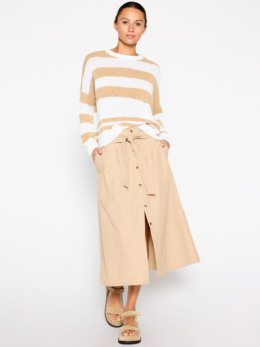 Xila tan white stripe cotton-linen crewneck sweater full view