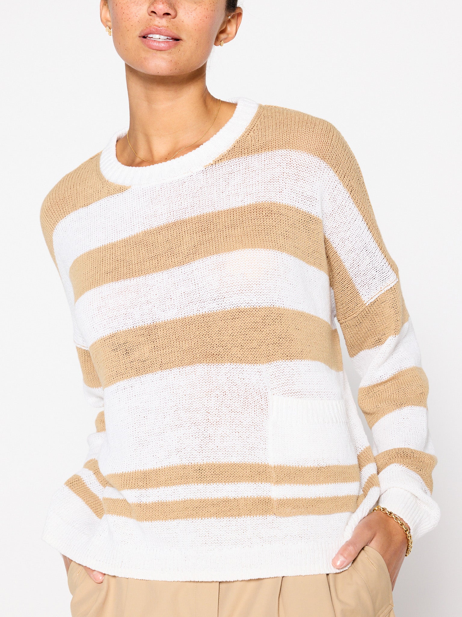 Xila tan white stripe cotton-linen crewneck sweater front view 2