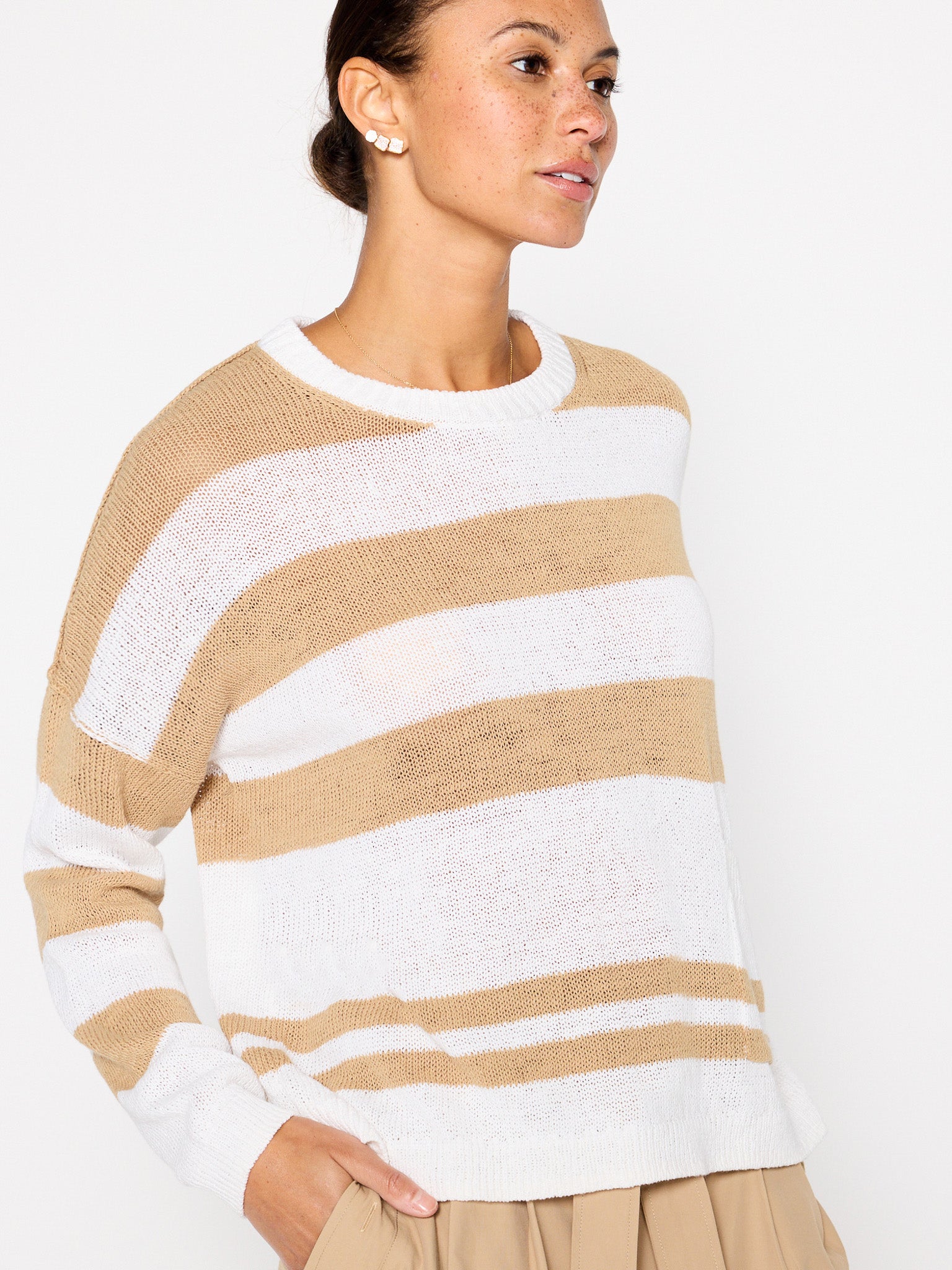 Xila tan white stripe cotton-linen crewneck sweater side view