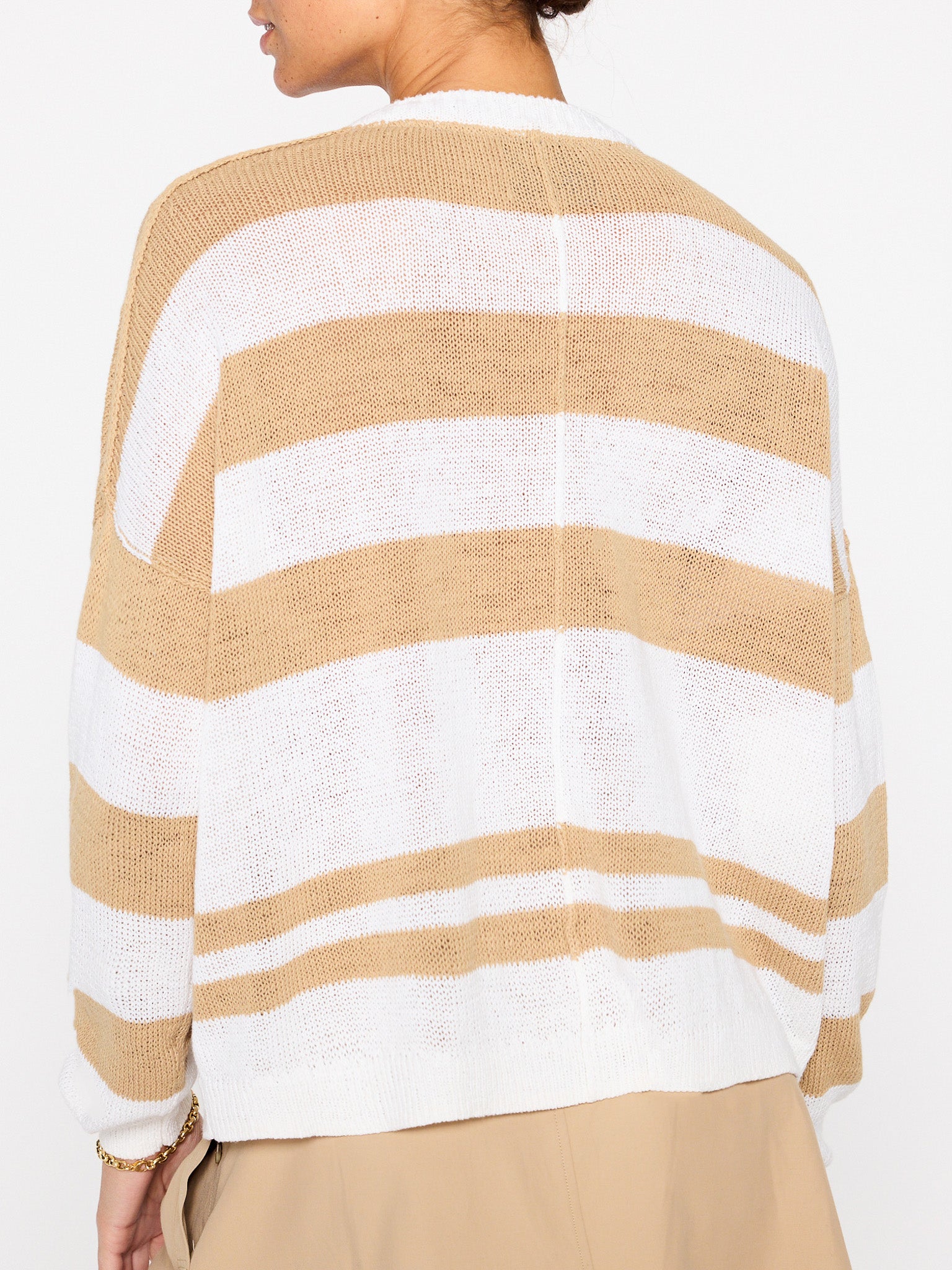 Xila tan white stripe cotton-linen crewneck sweater back view