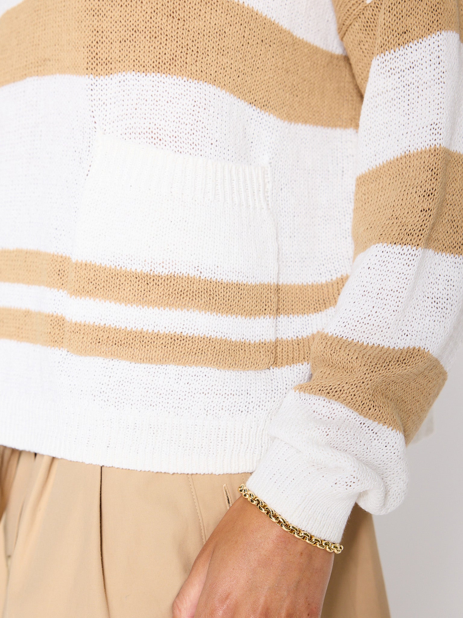 Xila tan white stripe cotton-linen crewneck sweater close up