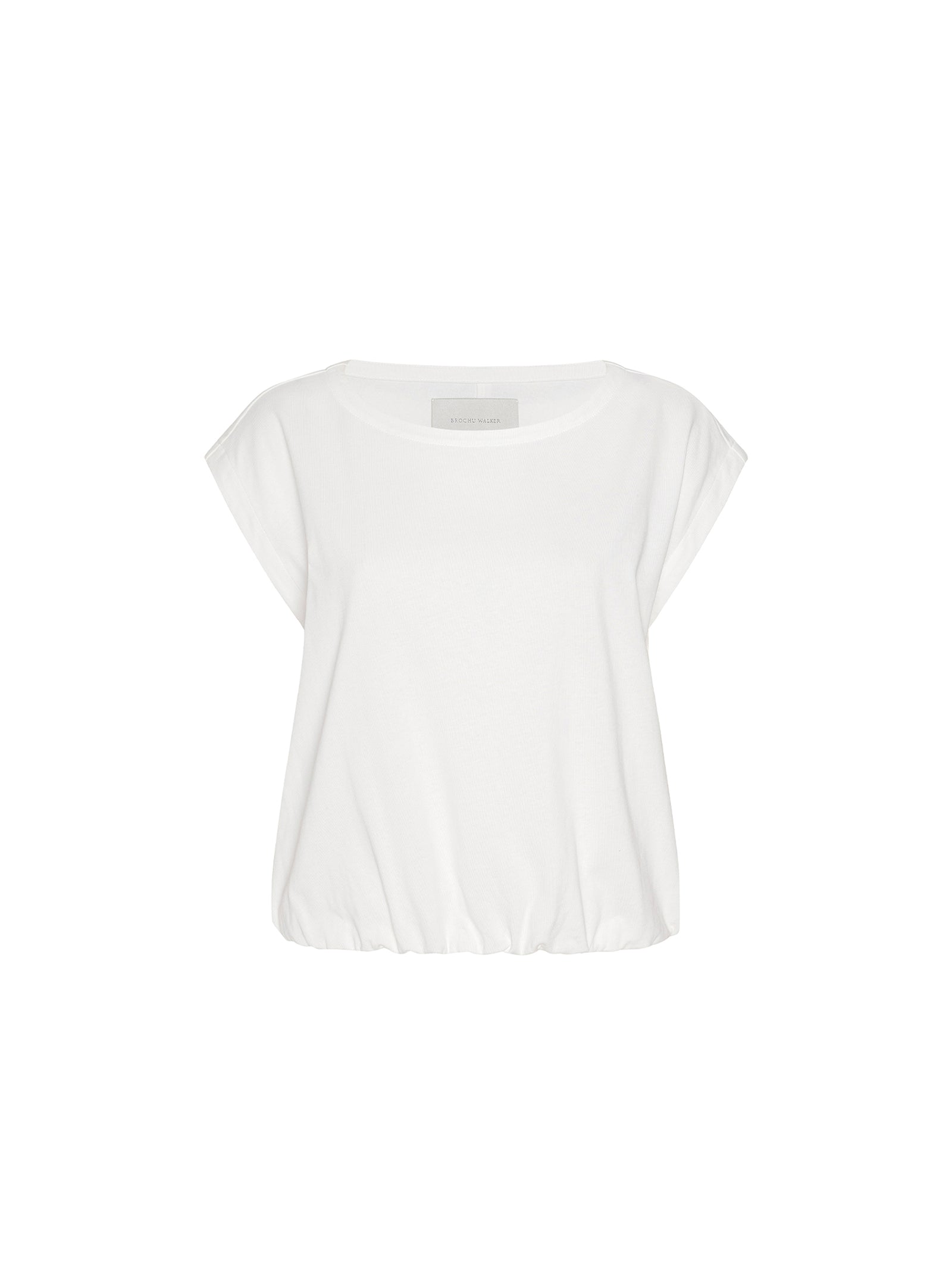 Ivory Yara Top, a women's short sleeve shirt with a scoop neck and elasticized bubble hem, on a white background.