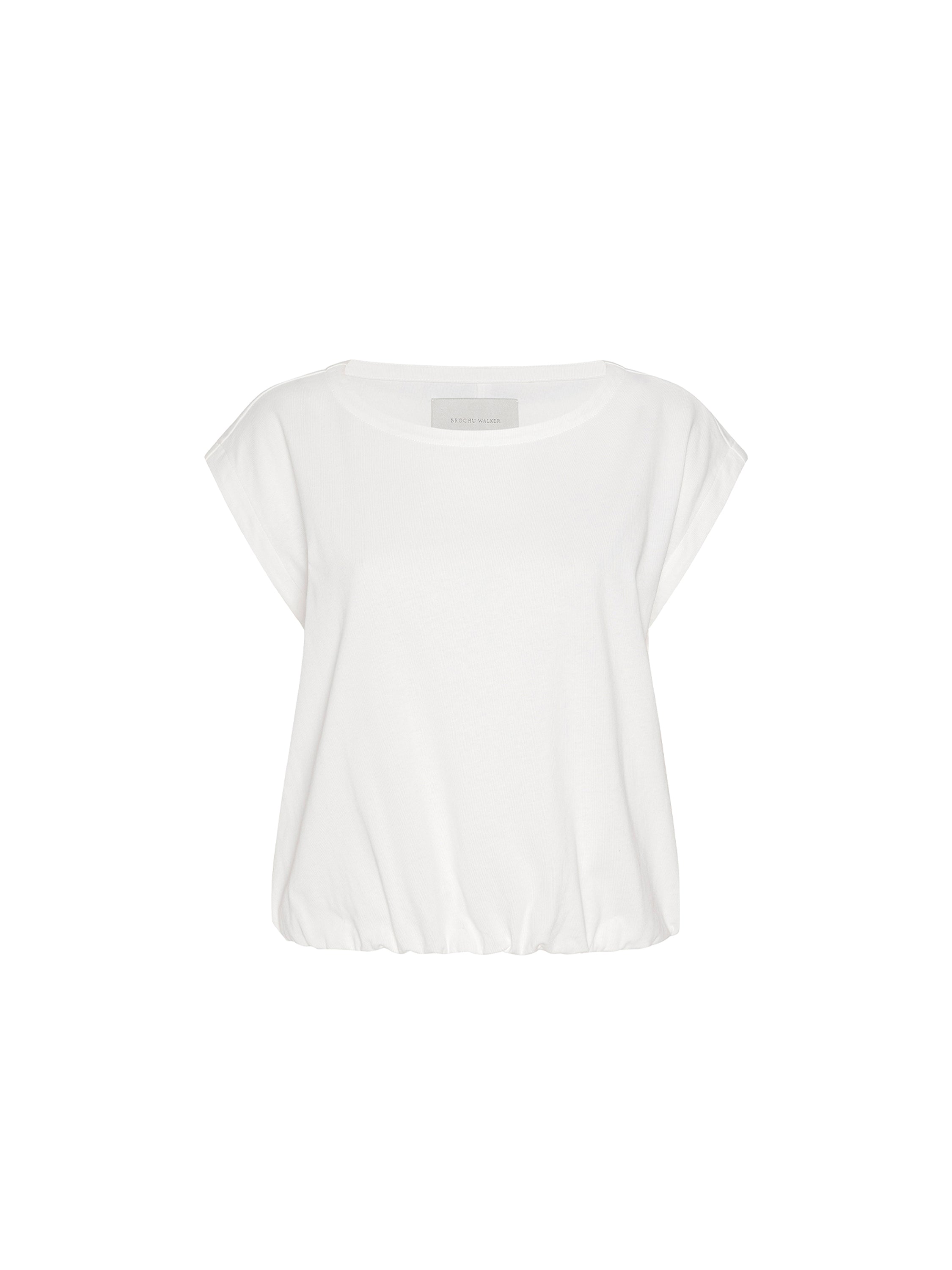 Ivory Yara Top, a women's short sleeve shirt with a scoop neck and elasticized bubble hem, on a white background.