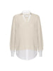 Almond v-neck layered sweater with attached white shirt collar, cuffs, and curved high-low hem.
