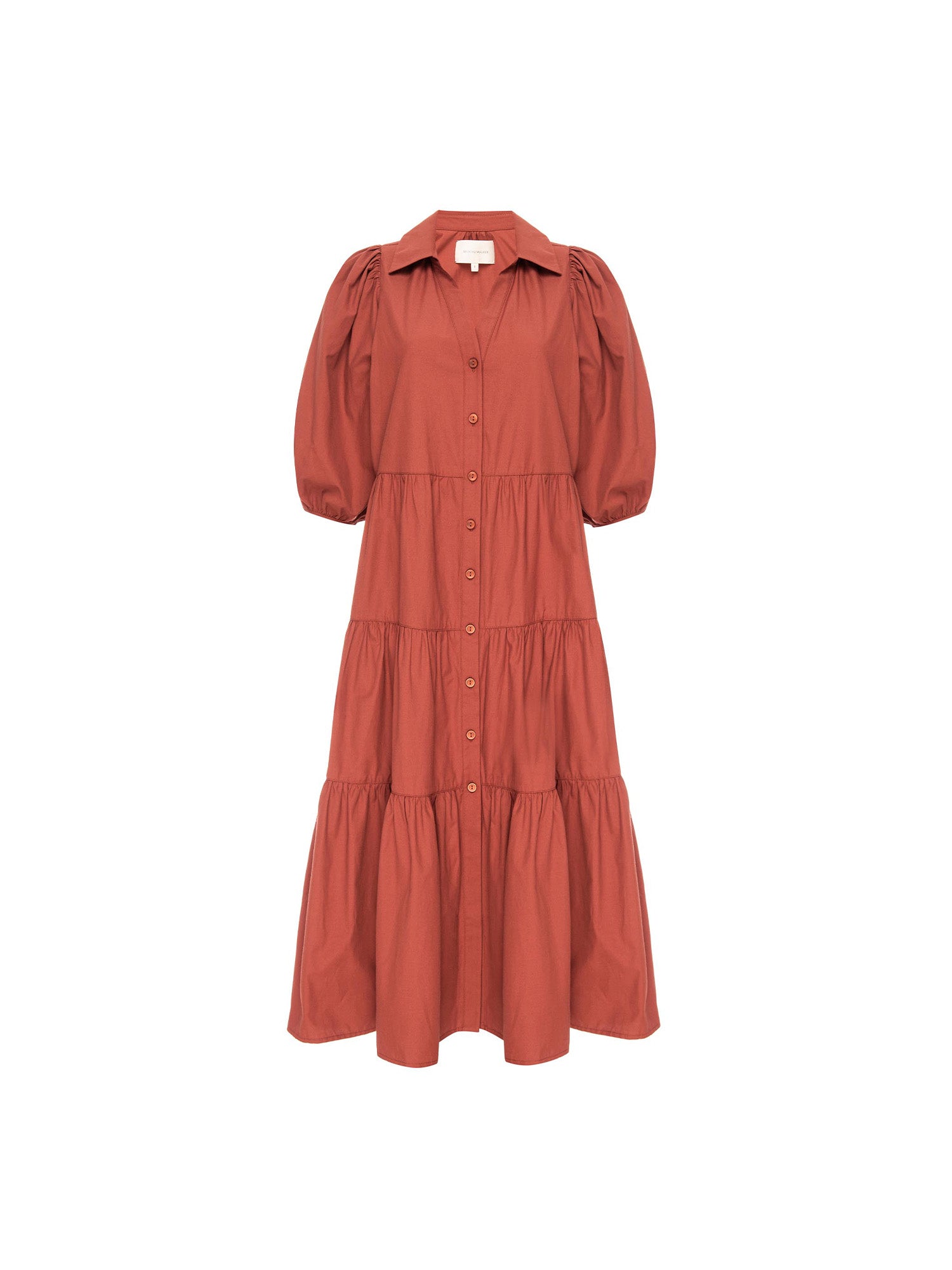 Antigua tiered midi dress burnet red flat view