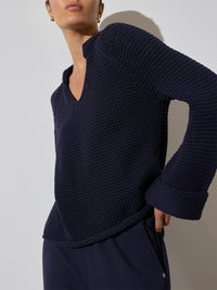 Womens navy sweater in solid navy knit with straight hem and casual style