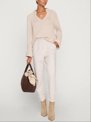 Aria stand collar deep v neckline beige sweater full view 2