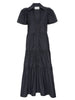 Black tiered maxi shirt dress with puff sleeves, collared v-neck, and button front placket.