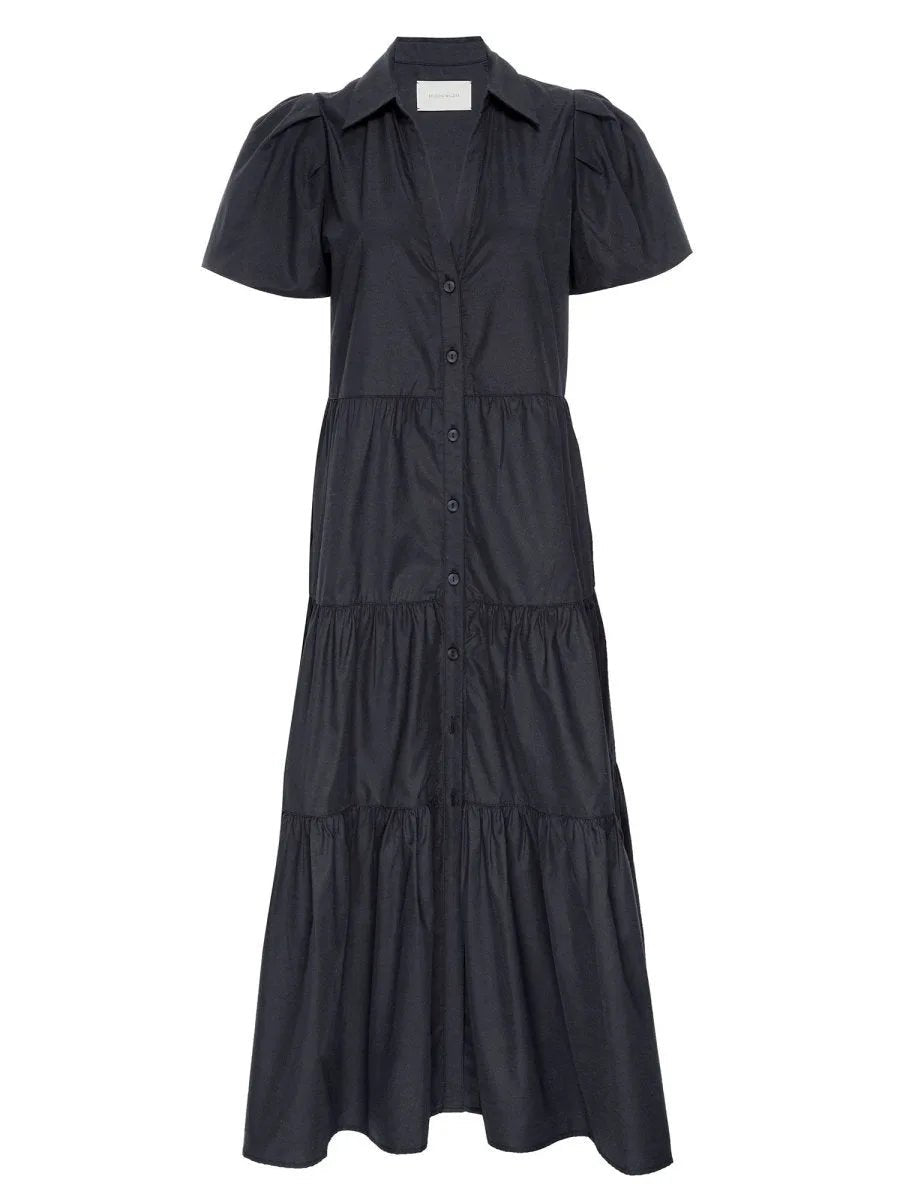 Black tiered maxi shirt dress with puff sleeves, collared v-neck, and button front placket.