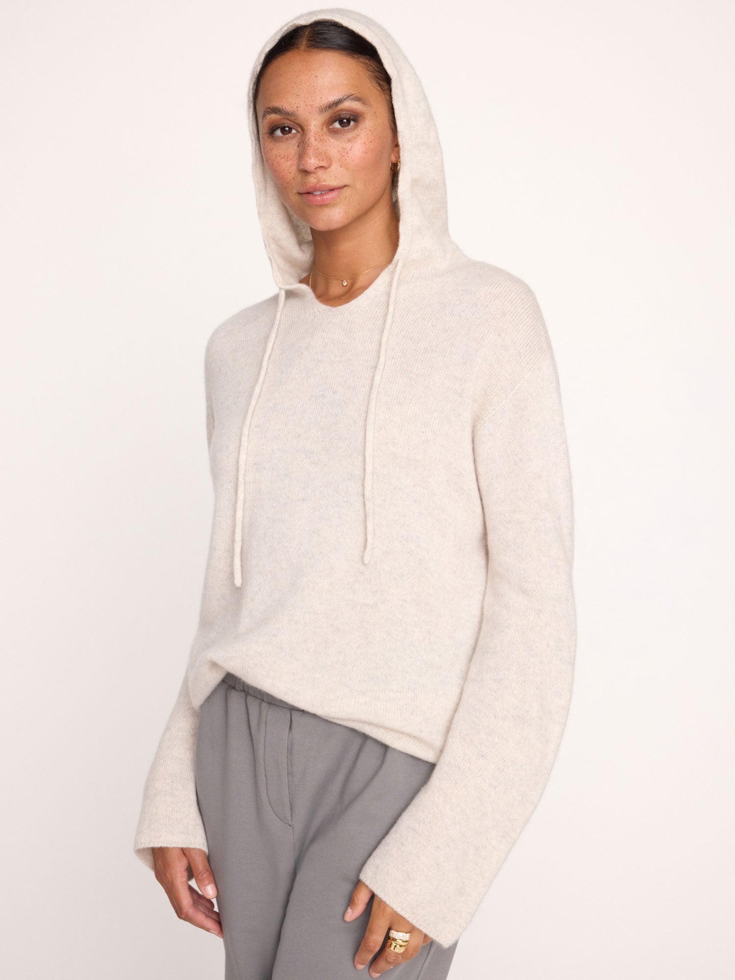 Cashmere beige hoodie sweater front view 2